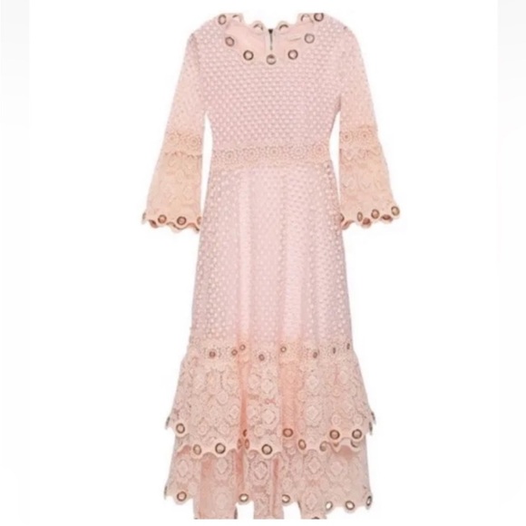 NWT Maje Roso Guipure Lace Overlay Tiered Midi Grommet Dress Pink 3 US L SPOTS - Picture 1 of 16